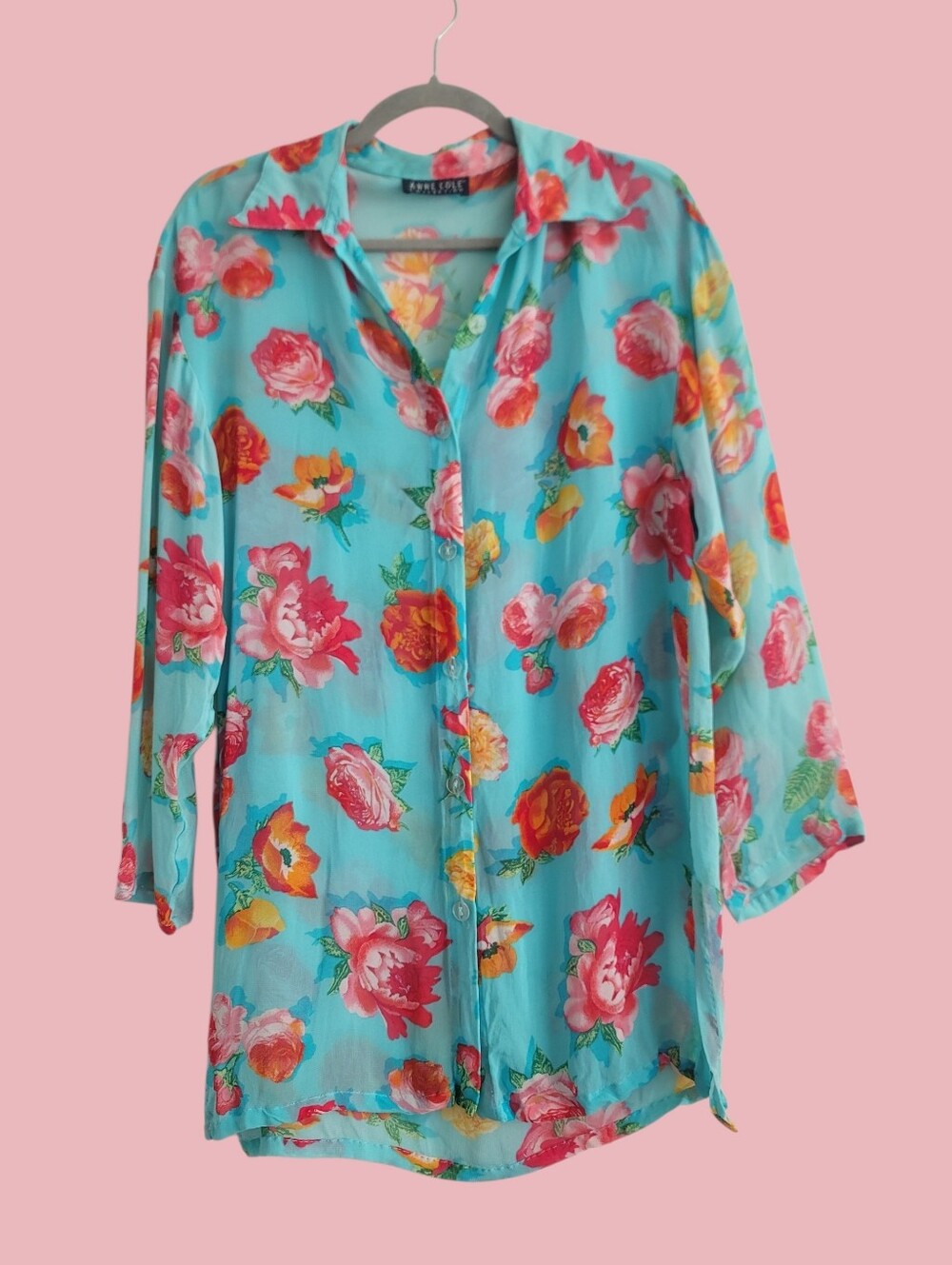 VTG Anne Cole Long Sleeve Oversized Tunic Sheer Button Up Cover Mini Dress Shirt